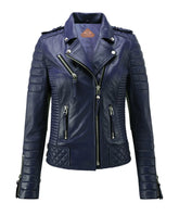 Women Biker Leather Jacket Dark Blue freeshipping - SkinOutfit